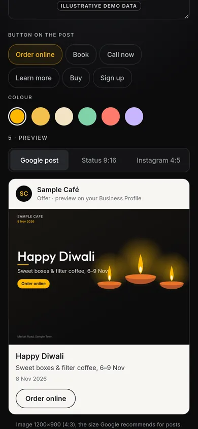 Illustrative demo screen of the upcoming Revone owner app: Festival posts. Sample business and made-up data.